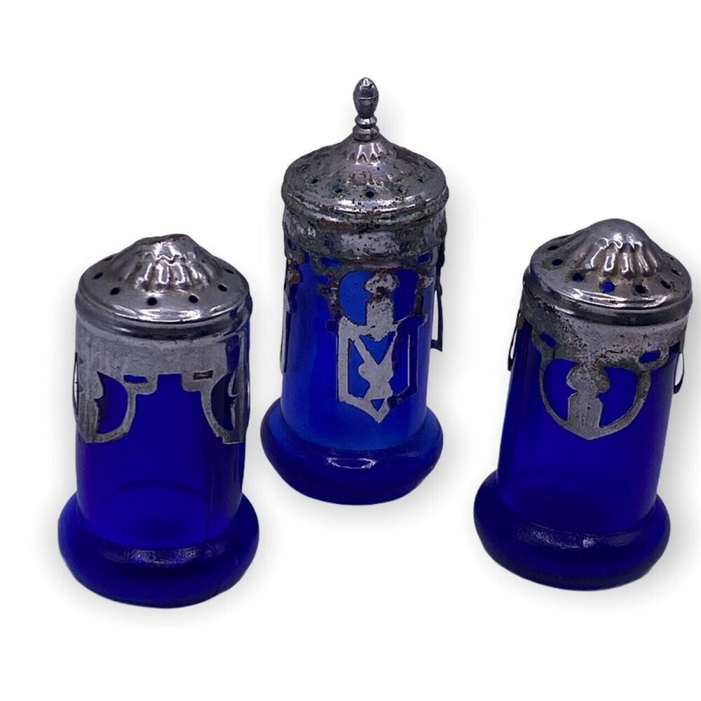 Vintage Cobalt Blue Glass‎ Salt & Pepper Shakers With Metal Lids Japan